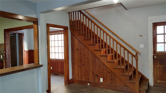 staircase featuring hardwood / wood-style flooring, a healthy amount of sunlight, and wood walls