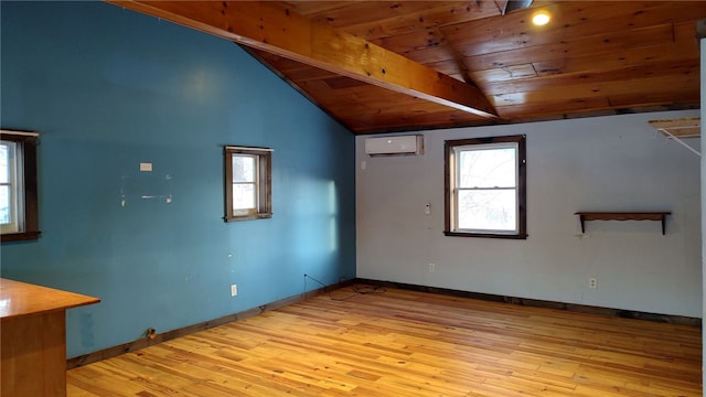 unfurnished room featuring lofted ceiling with beams, light wood-type flooring, wooden ceiling, and a wall unit AC