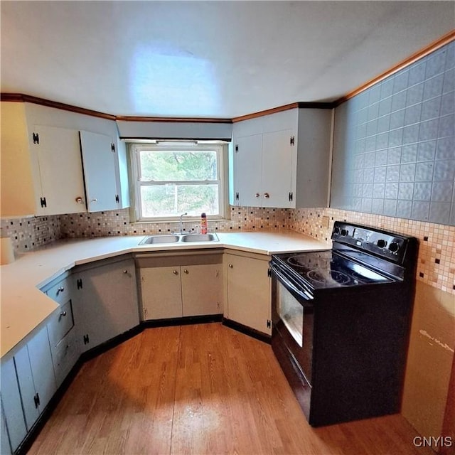 kitchen featuring sink, light hardwood / wood-style flooring, white cabinets, black range with electric cooktop, and decorative backsplash