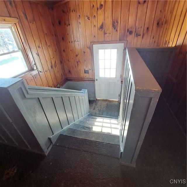 stairway featuring wooden walls