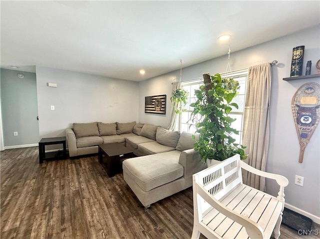 living room with dark hardwood / wood-style flooring