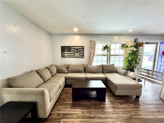 living room with dark wood-type flooring