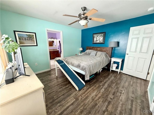 bedroom with dark hardwood / wood-style floors, ceiling fan, and ensuite bathroom