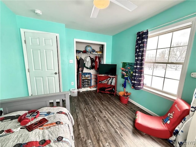 bedroom featuring multiple windows, hardwood / wood-style floors, ceiling fan, and a closet