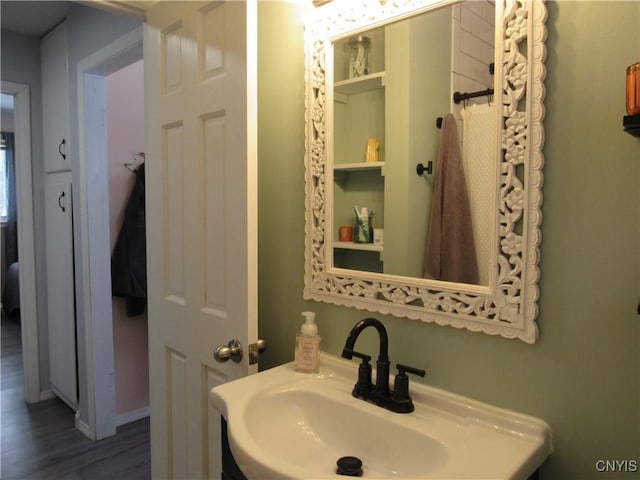 bathroom with hardwood / wood-style flooring and sink