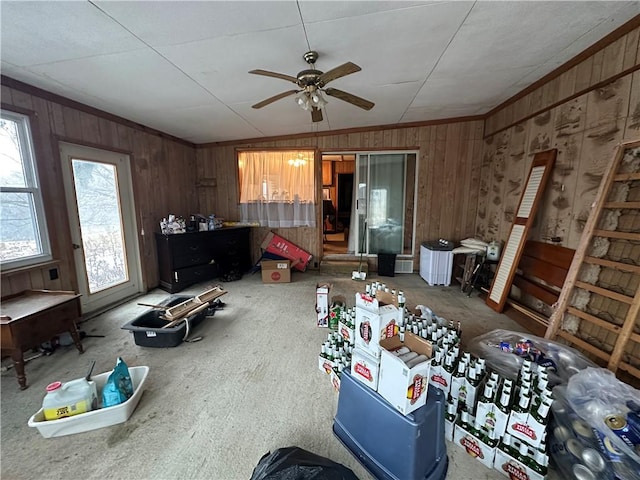 miscellaneous room with wooden walls, crown molding, and ceiling fan