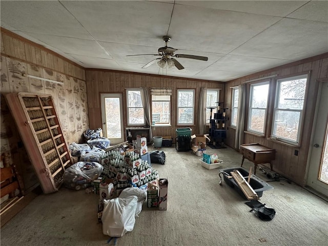 misc room with ceiling fan, wooden walls, and plenty of natural light