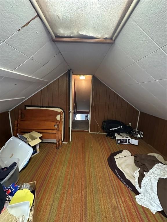 additional living space with lofted ceiling, carpet flooring, and wood walls