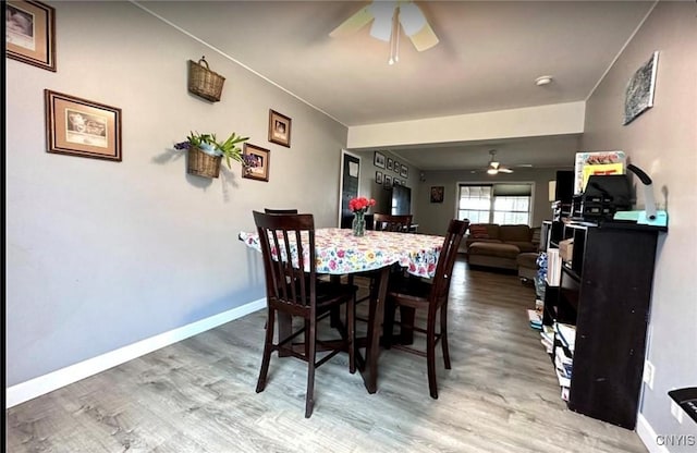 dining area featuring ceiling fan and hardwood / wood-style floors