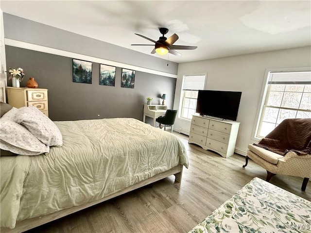 bedroom with multiple windows, ceiling fan, and light wood-type flooring