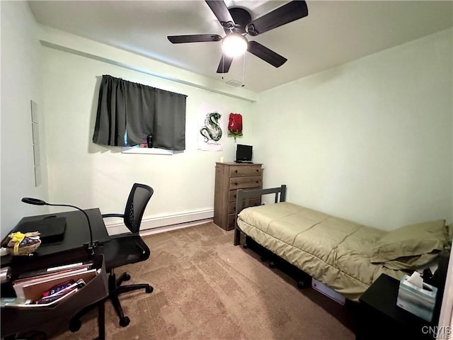 bedroom featuring a baseboard radiator, light colored carpet, and ceiling fan