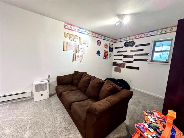 living room featuring carpet flooring and baseboard heating