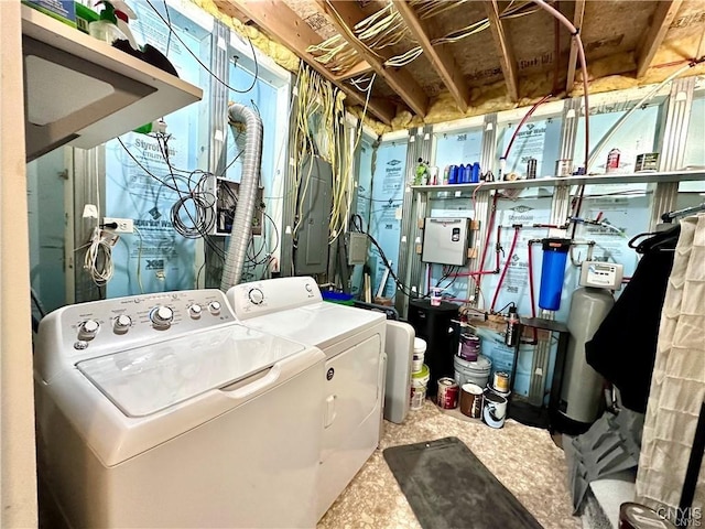 laundry area with washer and clothes dryer and electric panel