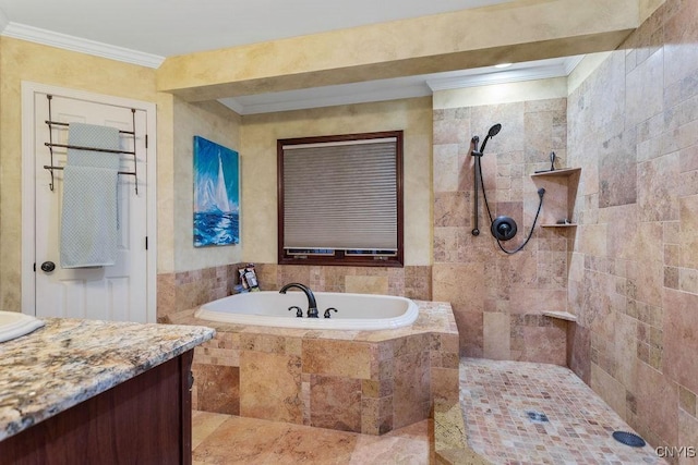 bathroom featuring ornamental molding, vanity, and plus walk in shower