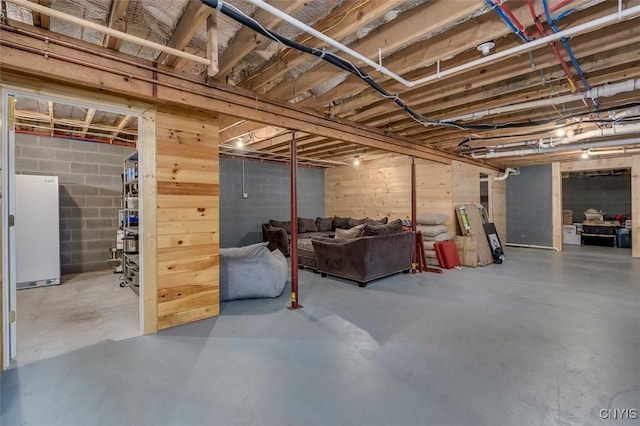 basement featuring white fridge