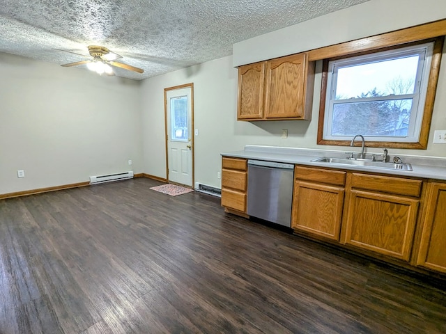 kitchen with sink, a baseboard radiator, stainless steel dishwasher, and dark hardwood / wood-style floors