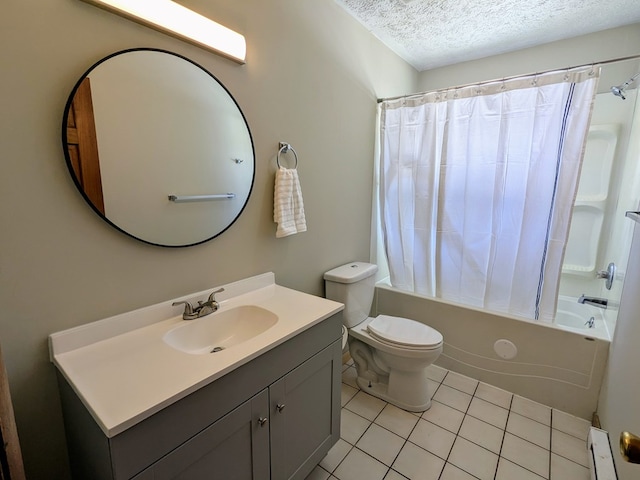 full bathroom with vanity, toilet, tile patterned floors, a textured ceiling, and shower / bath combo with shower curtain