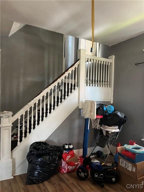 stairway with hardwood / wood-style floors