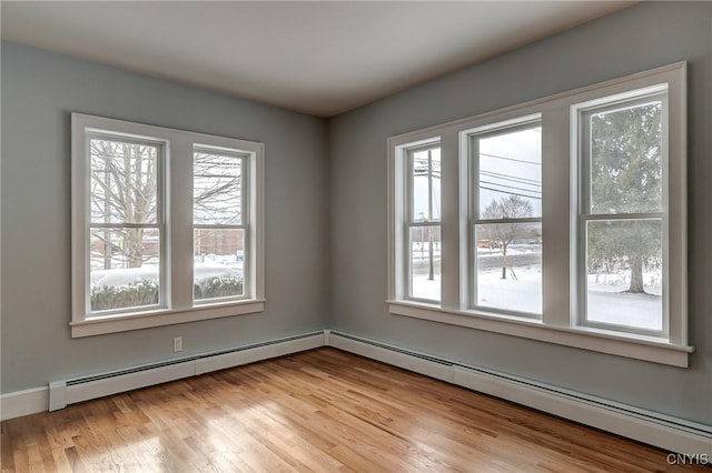 empty room with light hardwood / wood-style flooring and a baseboard radiator