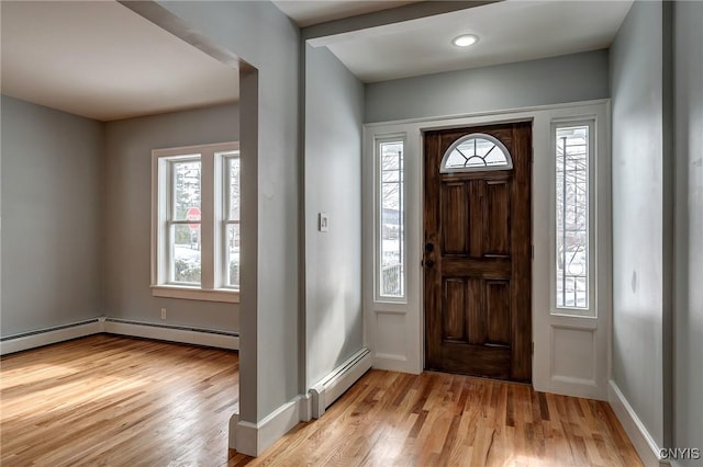 foyer featuring light hardwood / wood-style flooring and a baseboard heating unit