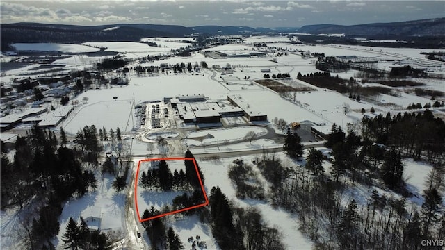 snowy aerial view featuring a mountain view