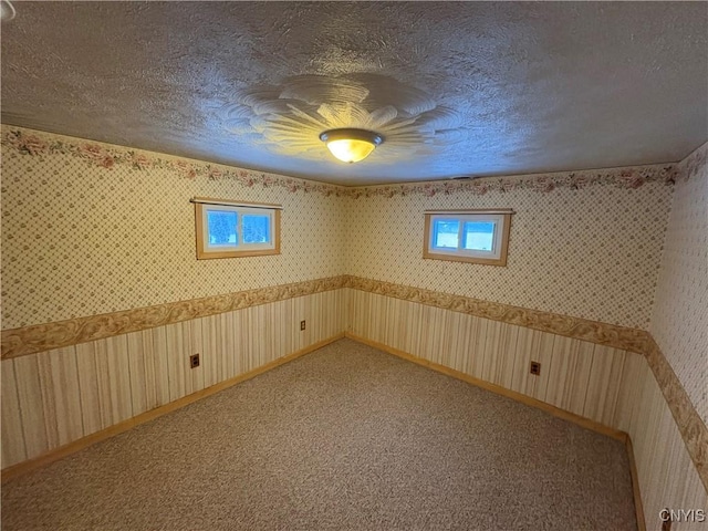 basement with carpet flooring and a textured ceiling