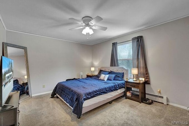 carpeted bedroom with a baseboard heating unit, crown molding, and ceiling fan