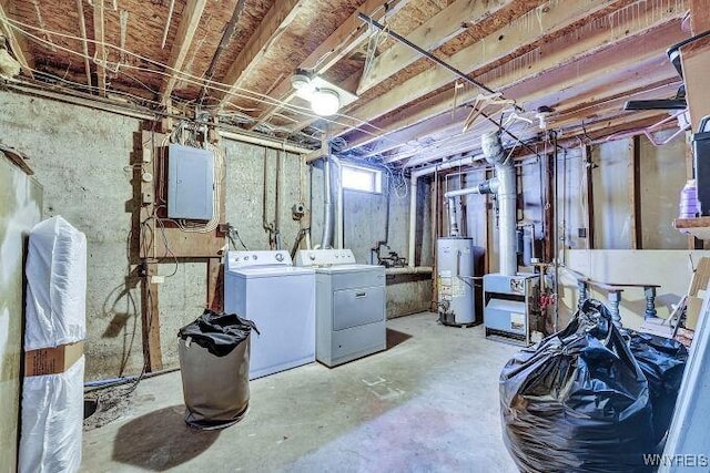 basement with water heater, electric panel, and washer and clothes dryer