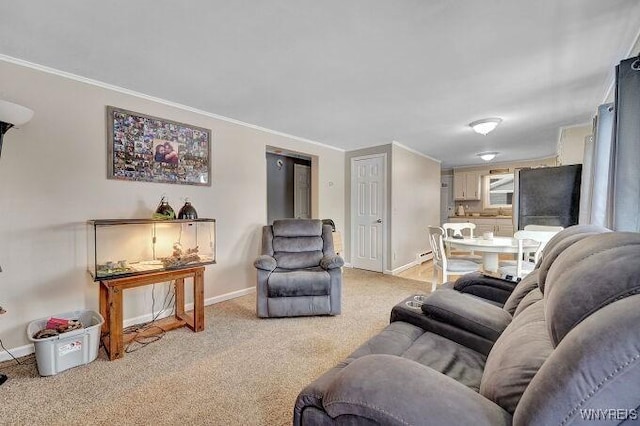 living room featuring ornamental molding and light carpet