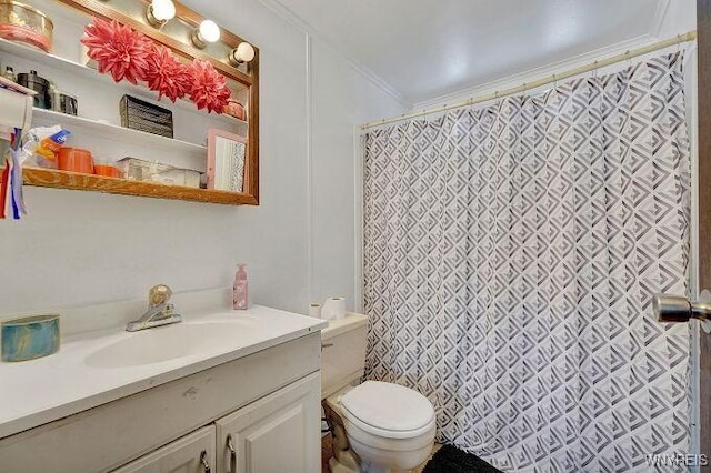 bathroom featuring crown molding, vanity, toilet, and a shower with curtain