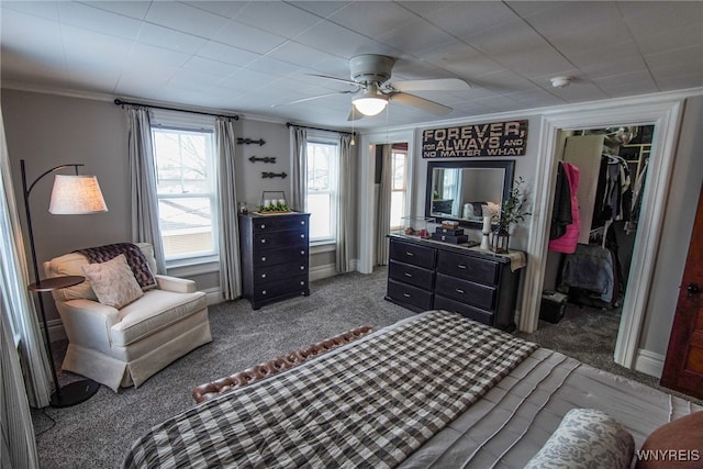 bedroom featuring ornamental molding, carpet, a spacious closet, and ceiling fan