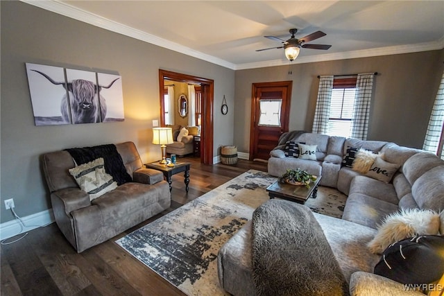 living room featuring dark hardwood / wood-style flooring, crown molding, and ceiling fan