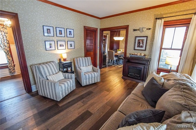 living room featuring ornamental molding and dark hardwood / wood-style floors