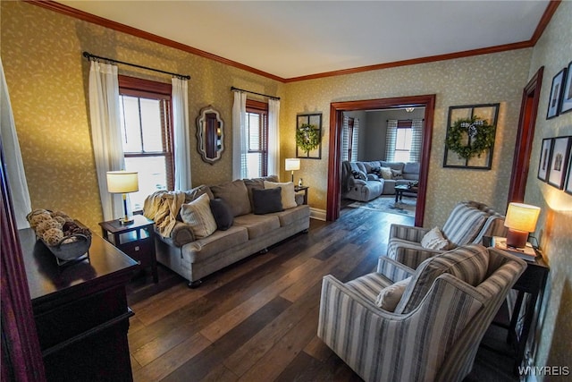 living room with ornamental molding and dark wood-type flooring