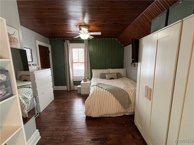 bedroom featuring dark wood-type flooring, ceiling fan, and wood ceiling