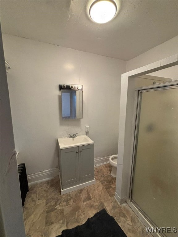 bathroom featuring vanity, an enclosed shower, and toilet