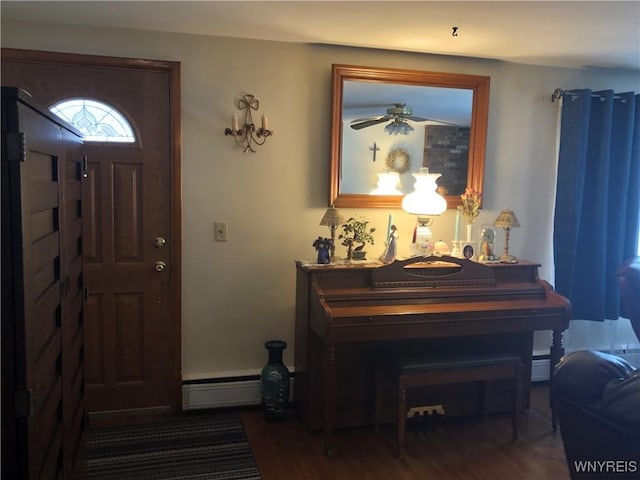 entrance foyer featuring a baseboard radiator and dark hardwood / wood-style floors