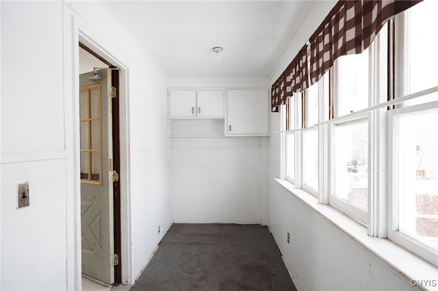 hall with crown molding and carpet flooring