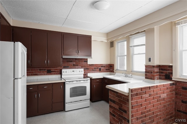 kitchen featuring dark brown cabinetry, sink, and white appliances