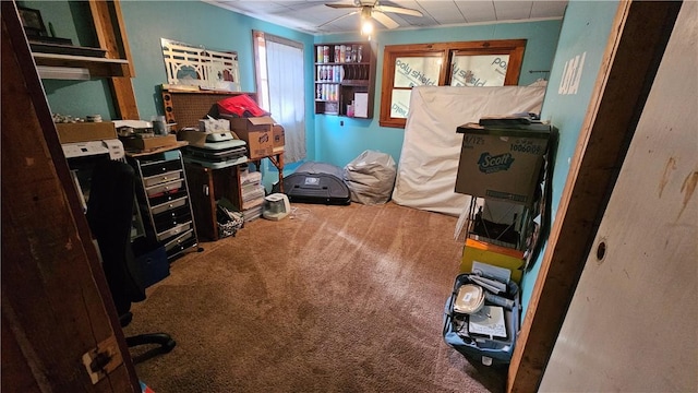 home office featuring carpet flooring and ceiling fan