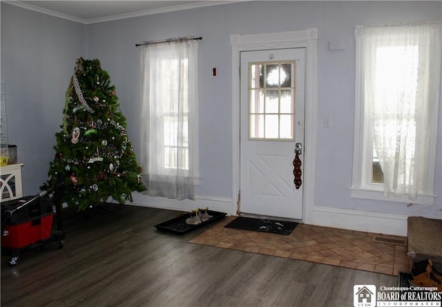 entryway featuring crown molding, dark wood-type flooring, and plenty of natural light