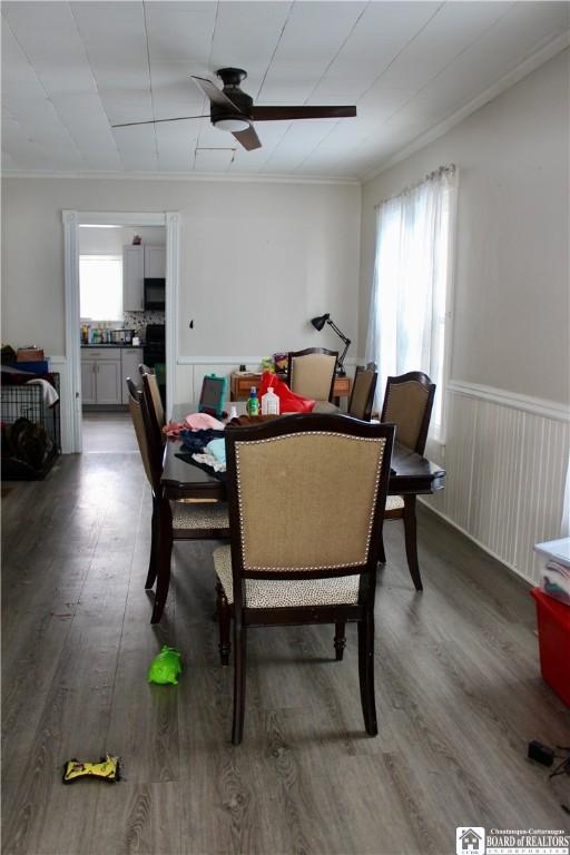 dining space featuring ornamental molding, plenty of natural light, ceiling fan, and dark hardwood / wood-style flooring