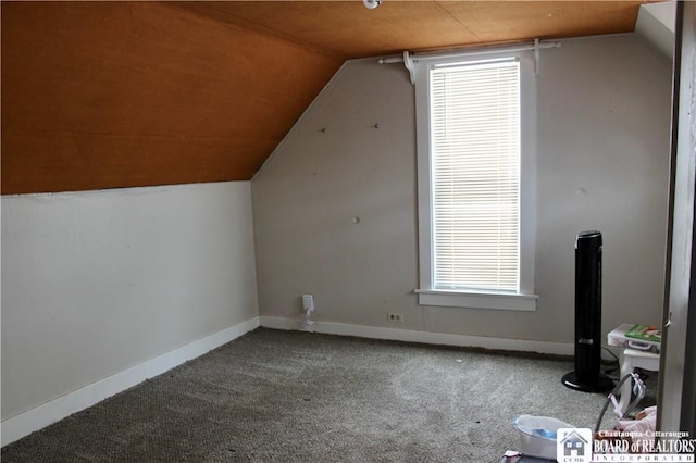 additional living space with vaulted ceiling and carpet