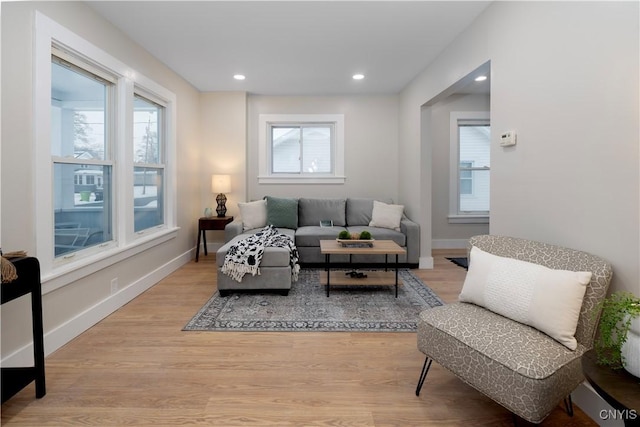 living room featuring a healthy amount of sunlight and light hardwood / wood-style flooring