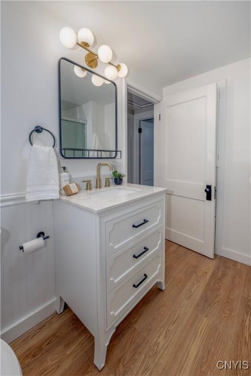 bathroom featuring vanity and wood-type flooring