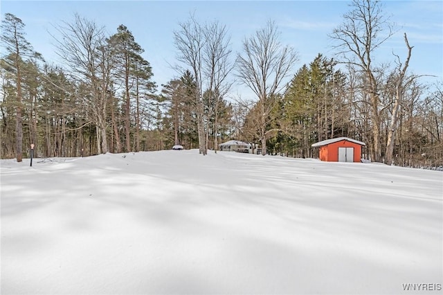 yard layered in snow with a garage and an outdoor structure