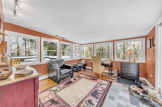 sunroom / solarium featuring a baseboard radiator, rail lighting, and vaulted ceiling