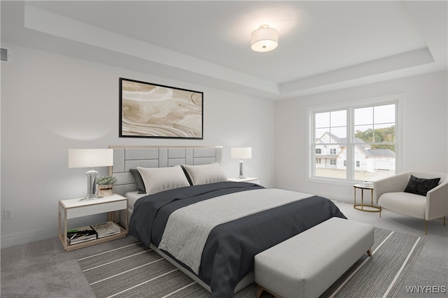 bedroom with a tray ceiling and carpet