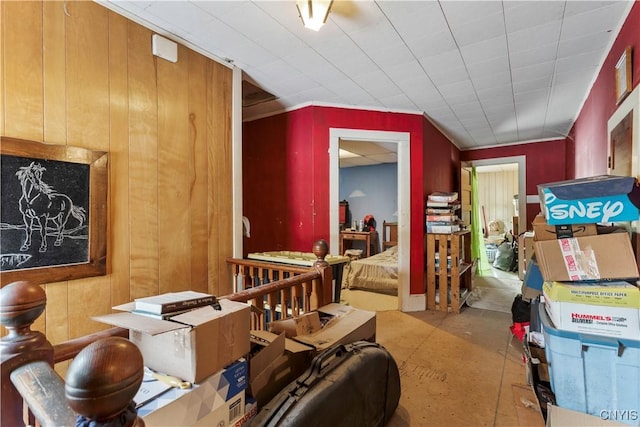 interior space featuring wooden walls