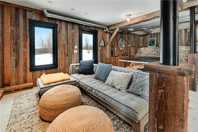 sitting room with wood walls